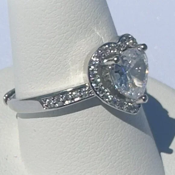 Silver Heart Cut Stone Ring with Pave Detailing Adjustable - Picture 4 of 14